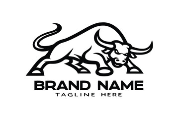 Linear Angry Bull with Strong Muscular Body on White Background Animal Logo