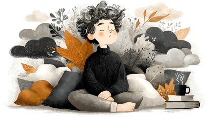 A hand-drawn style illustration of a child meditating amid stylized leaves and pillows in monochrome sepia for mindfulness or wellness blog headers