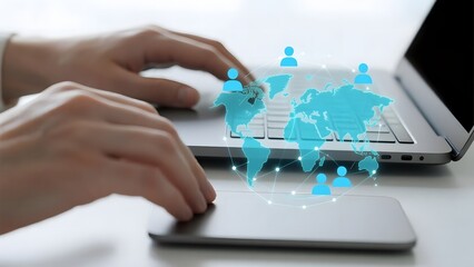 Hands typing on a laptop with a digital world map overlay featuring interconnected user icons.