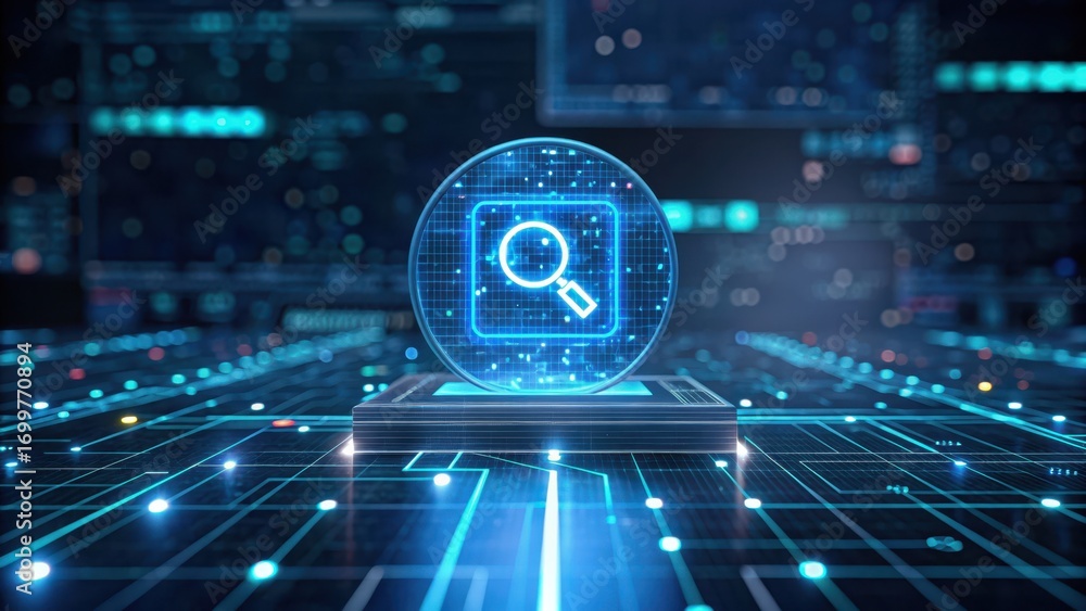 Aufkleber cybersecurity dashboard digital search icon on a vibrant technological background, symbolizing innov