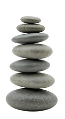 A stack of smooth, grey stones balanced precariously on top of each other, isolated on a transparent background, symbolizing zen and harmony