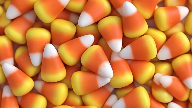 A vibrant close-up of colorful candy corn scattered across a surface, perfect for autumn celebrations