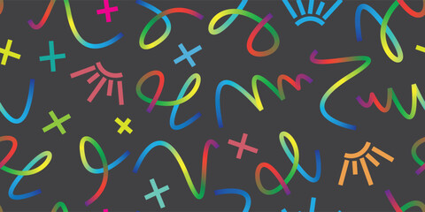 Colorful neon doodle seamless pattern with playful abstract lines on dark background. Modern funky texture for fabric, wallpaper, and digital art. Bright artistic scribble design.