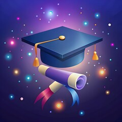 3D Graduation Cap and Diploma Scroll with Colorful Glowing Lights – Academic Celebration Illustration on Dark Background