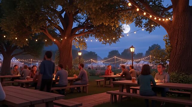 A romantic evening at a lively outdoor festival under a full moon, with string lights illuminating the scene