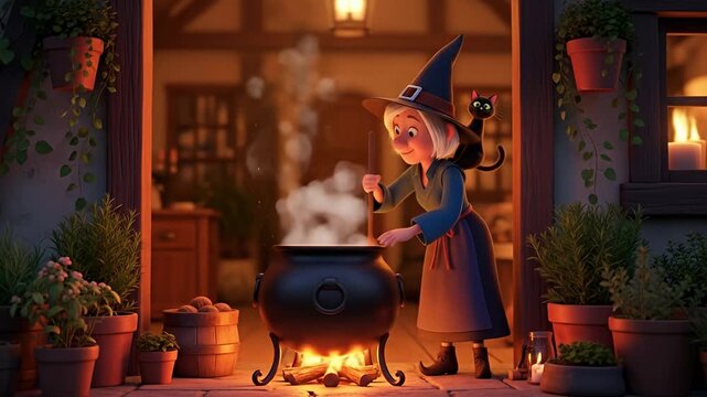Enchanting witch brews potion in cozy cottage, surrounded by plants and warm candlelight