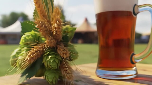 A frosty beer mug beside a bundle of wheat and hops, set in a sunny outdoor brewery scene