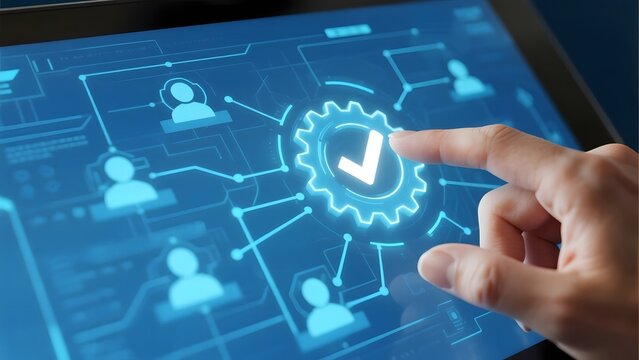 Hand interacting with a digital interface displaying interconnected user profiles and a gear icon.