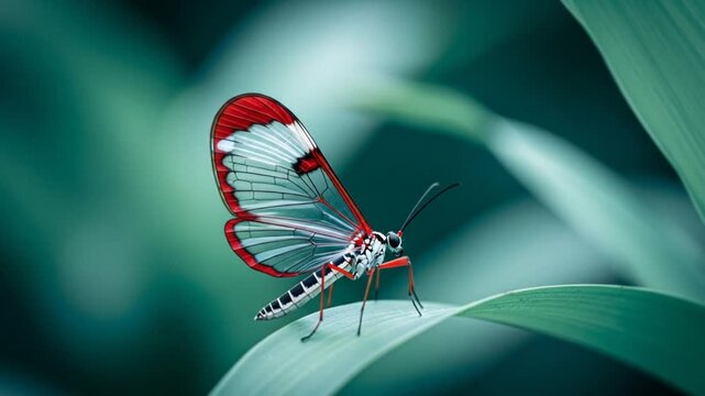 Red and White Glasswinged Butterfly on Leaf.
