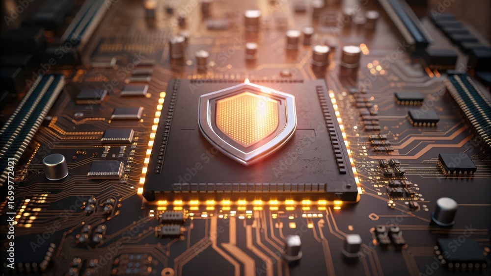 Aufkleber endpoint protection high-tech circuit board with a glowing shield symbolizing security and protectio