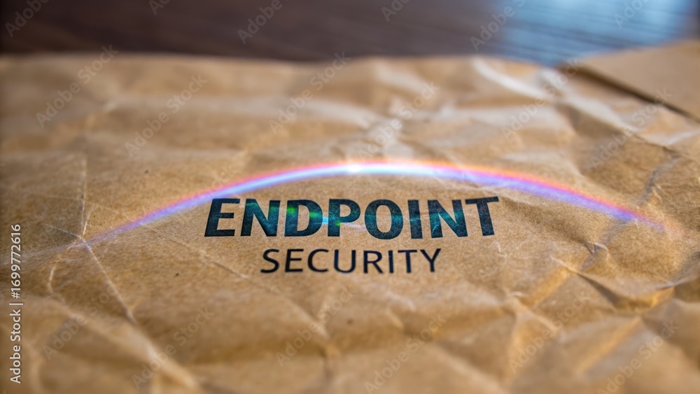 Poster endpoint protection crumpled paper features the logo of endpoint security with a rainbow reflection.