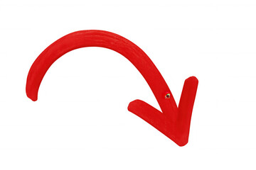 Red curved arrow pointing down, isolated on transparent background, ideal for highlighting elements