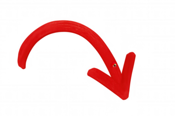 Red curved arrow pointing down, isolated on transparent background, ideal for highlighting elements