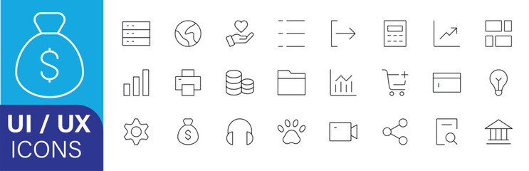 UI UX Icons Vector Pack – Finance, Business, and Web Outline Symbols