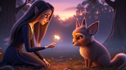 Enchanted forest scene with a mystical elf and a small fox sharing a flower in twilight - Powered by Adobe