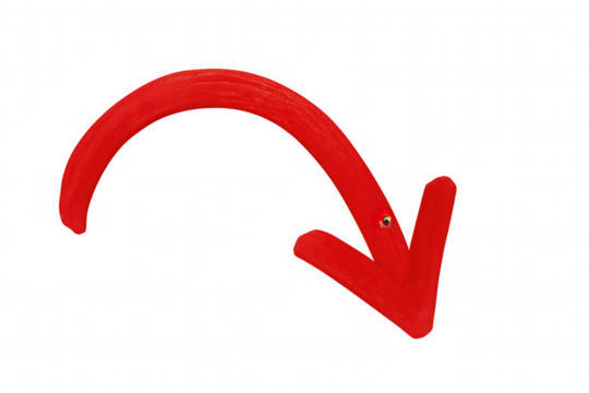 Red curved arrow pointing down, isolated on transparent background, ideal for highlighting elements
