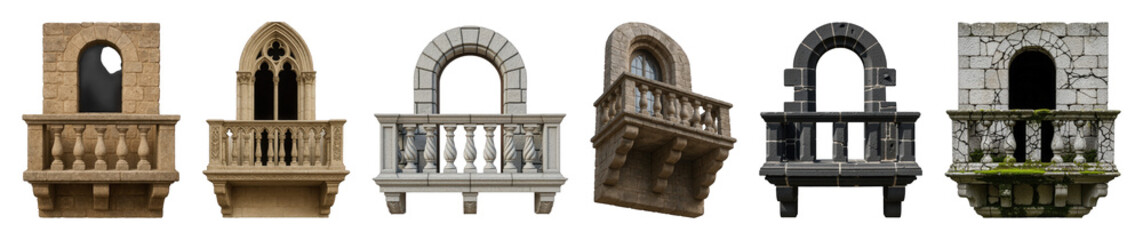 Fototapeta premium Stone architectural balcony and window arch set including gothic, classical, balustrade, and cracked styles isolated. Historical building elements.