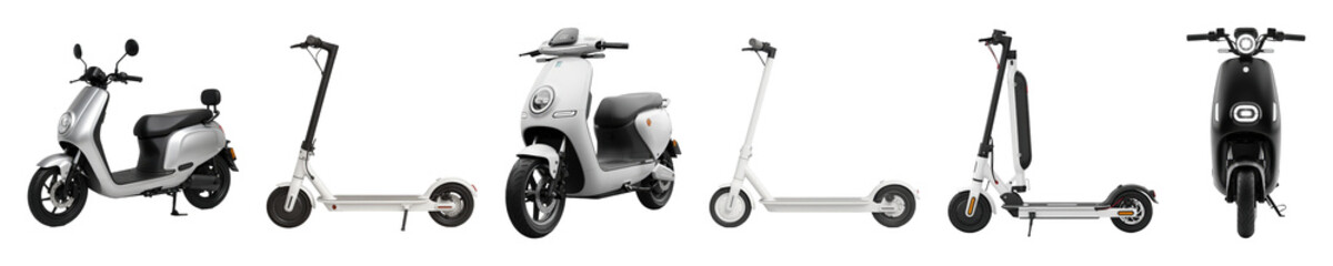 Obraz premium Electric scooter set including various kick scooter and moped models isolated. Urban transportation collection.