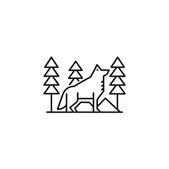 Minimalist Wolf and Evergreen Trees Line Art on White Background