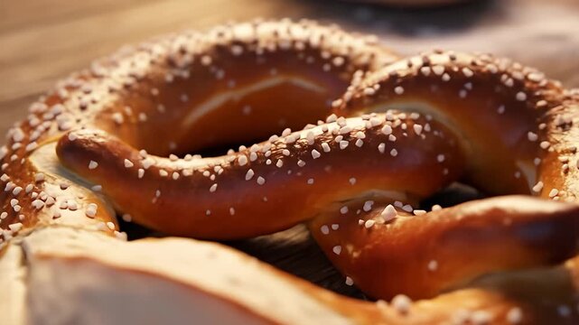Close-up of a freshly baked pretzel with coarse salt, set on a rustic wooden table, evoking a cozy atmosphere