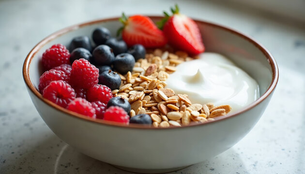 Yoghurt bowl filled with granola, fresh blueberries, and sliced strawberries, served for breakfast. Nutritious yoghurt bowl contains mixed berries, crunchy granola, and delicious cream.