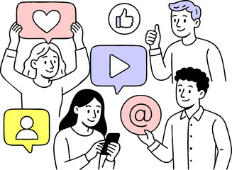 Social media, digital marketing, online communication and networking concept. A set of illustrations of people using mobile gadgets in various activities and internet services.