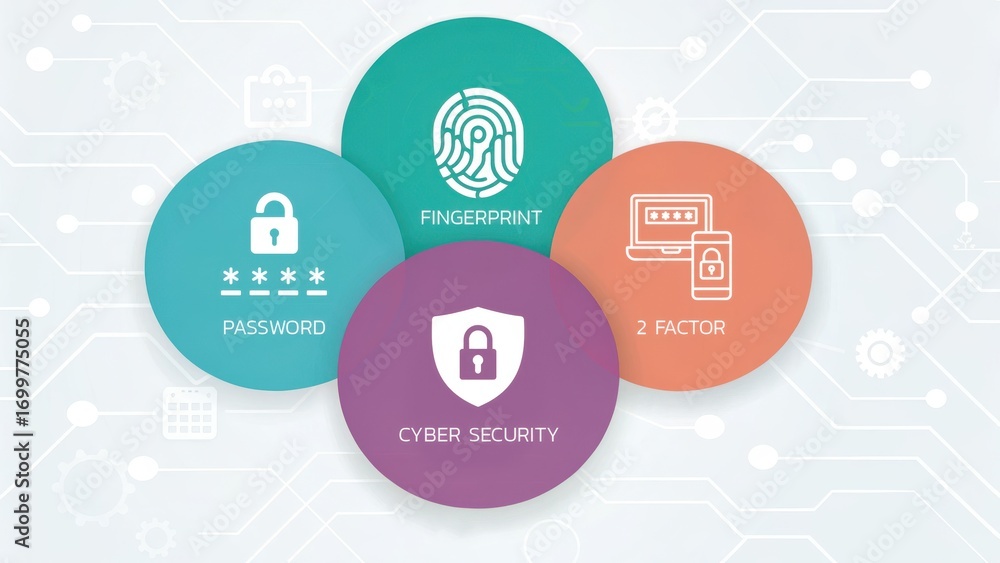 Aufkleber multi factor authentication cybersecurity concepts illustrated with icons representing fingerprint, 
