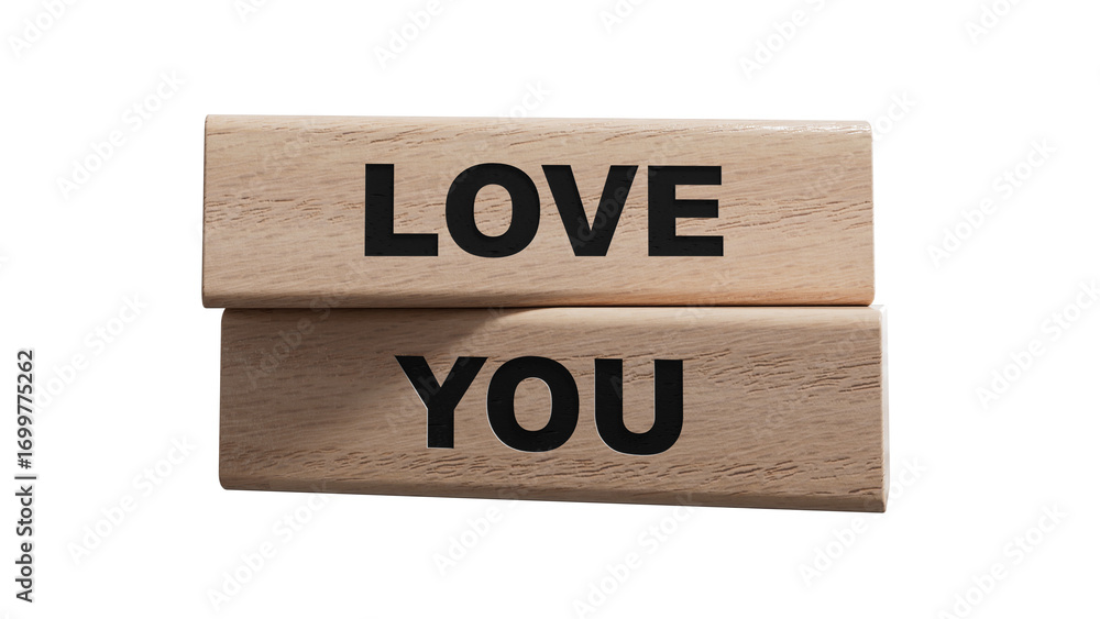 Poster love you.wooden blocks spelling.flat lay view from above on white background with wooden blocks butt