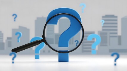 Magnifying Glass Over a Question Mark with Cityscape Background