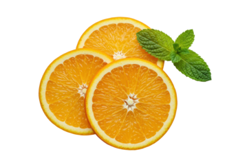 Three vibrant orange slices with glistening segments and a fresh mint sprig, 45-degree top-down macro shot on transparent, professional studio light, Concept for commercial food advertising