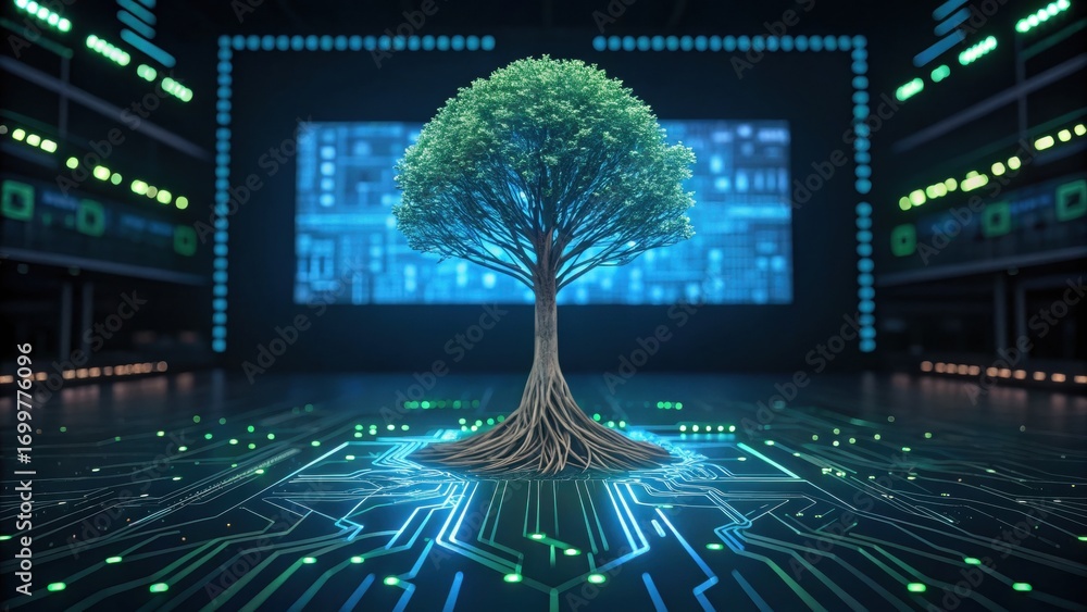 Poster a digital tree grows from a circuit board, symbolizing technology and nature integration.