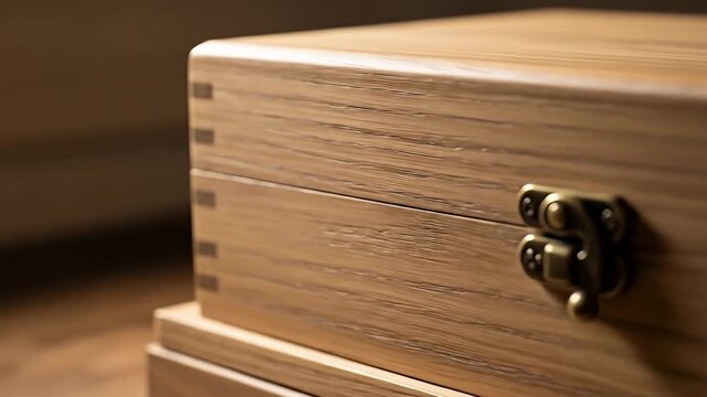 Close-up of a wooden box with a brass latch, placed on a wooden surface in a softly lit room