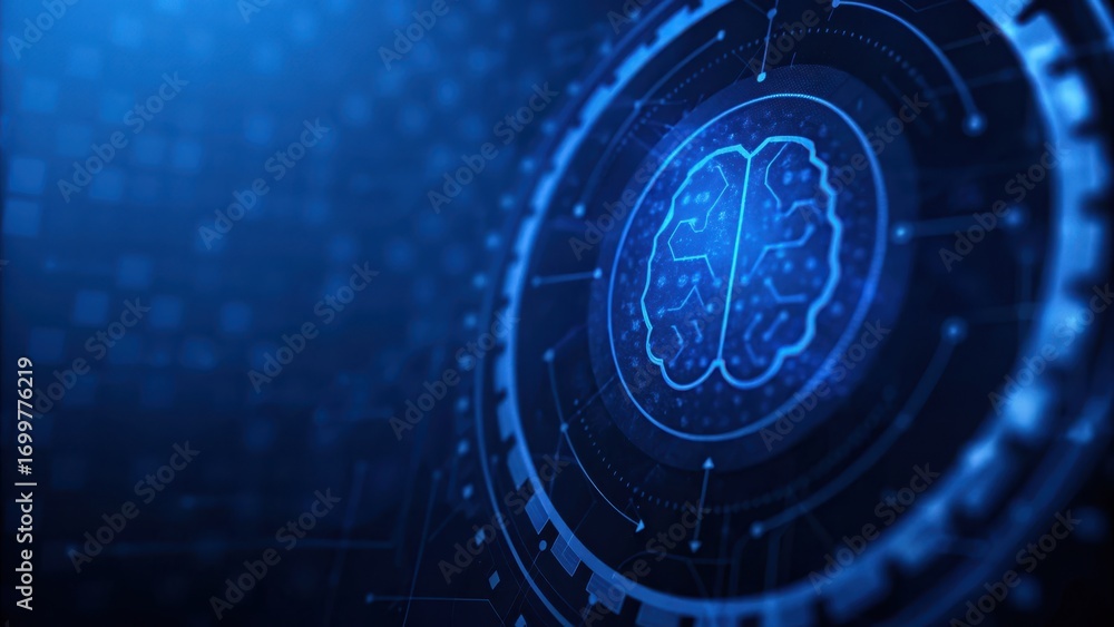 Poster digital illustration of a brain in a futuristic technology interface.