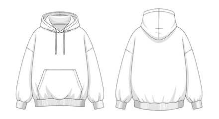 Detailed technical sketch showcasing a casual hooded sweatshirt design with front and back views isolated on a white background