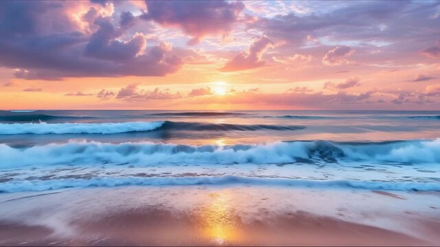 Golden sunrise over calm ocean waves. Peaceful morning light reflects on water, creating a tranquil scene with pastel skies, soft motion, and gentle warmth&mdash;perfect for themes of serenity and nature.
