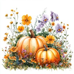 Autumn Pumpkins Amidst Orange and Purple Flowers