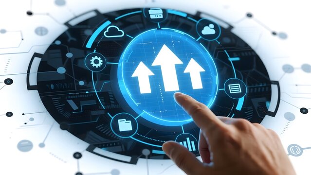 Hand interacting with a digital interface displaying upward arrows and tech icons