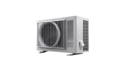 A modern, light gray air conditioning unit is displayed against a stark black background.
