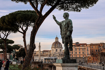 View of Statue of Roman Emperor Nerva at Roman Forum on famous Via dei Fori Imperial of Rome, Italy. High quality photo