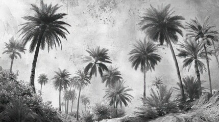 Grayscale scene of palm trees lining the hillside against a bright, cloudy sky