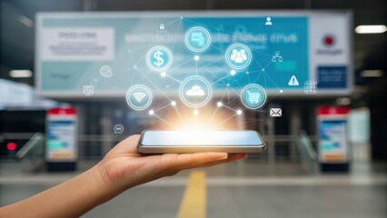 secure remote access A hand holding a smartphone with digital icons symbolizing connectivity and technology emerging from the screen.