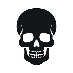 Fototapeta premium A stark black skull with detailed teeth and eye sockets, set against a plain white background.