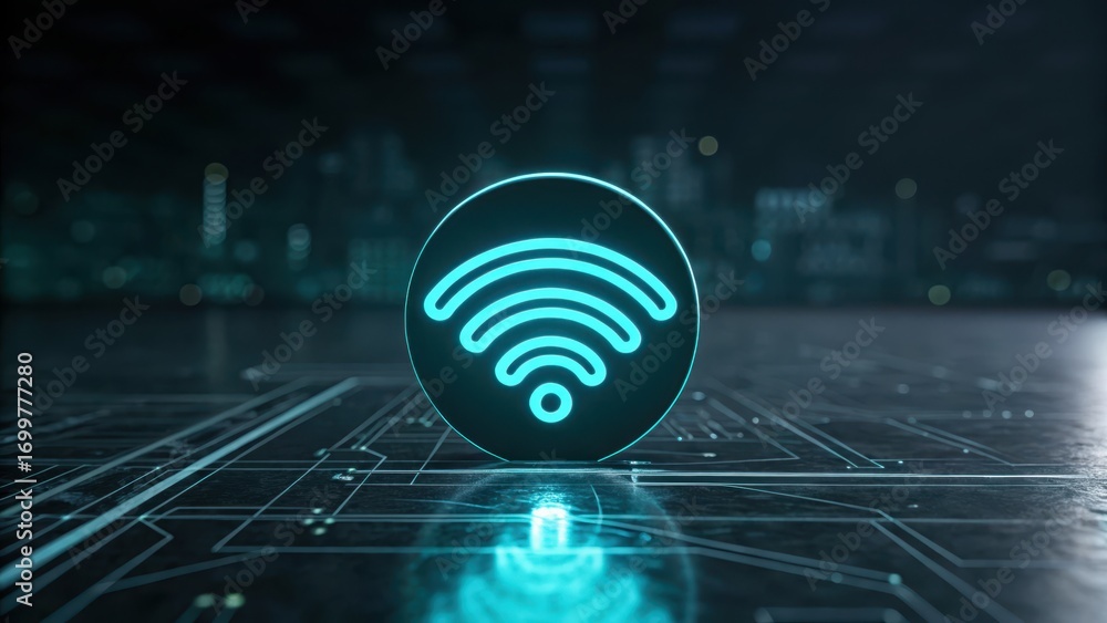 Aufkleber secure remote access wireless signal icon glowing on a digital circuit background.