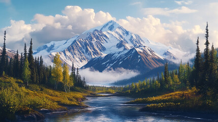 Majestic snowcapped mountain river valley scenic landscape serene nature