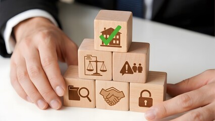 Hands arranging wooden blocks with icons representing real estate, law, safety, and partnership.