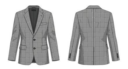 Sophisticated gray checked blazer showcasing contemporary fashion apparel, front and back view, refined design for discerning style, elegant menswear