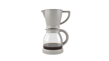 A modern, light gray coffee maker with a clear glass carafe is displayed against a black background.