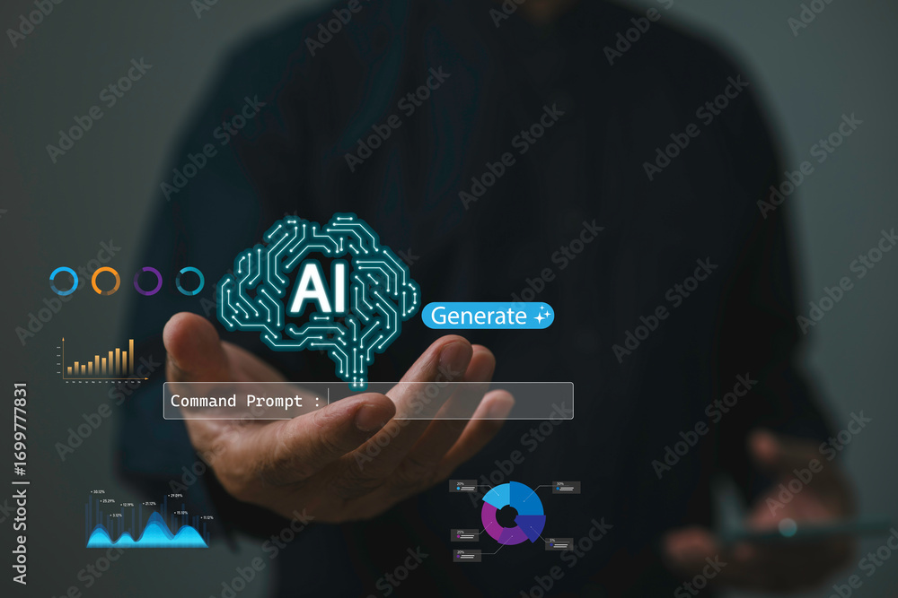 Poster futuristic concept of artificial intelligence and data analytics, showing ai brain icon with digital