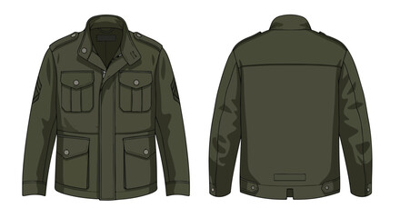 Depiction of an Olive Green Field Jacket with Multiple Pockets, Rendered in Front and Back Views for Technical Design, Illustration