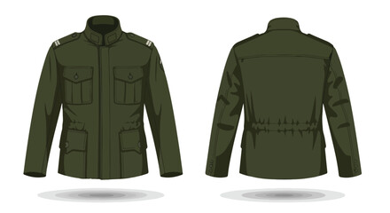 Olive Military Jacket: Front and Back Views for Design and Fashion Industries illustration with fine details and pockets and epaulettes